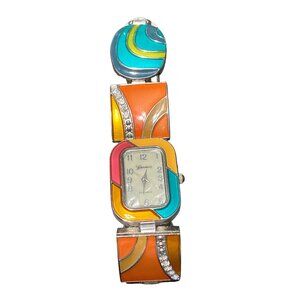 Geneva Womens Stainless Steel Back Watch With Colorful Enamel Face & Rhinestone